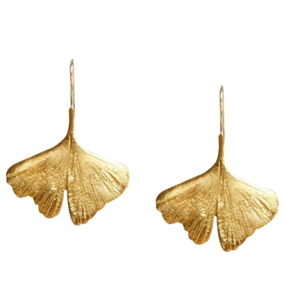 Gold Gingko Biloba Leaf Earrings 3D Leaves Nature Modern Botanical Floral New - Picture 1 of 5